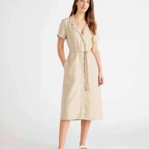 Quince 100% European Linen Button Front Dress Driftwood Beige Medium - Picture 1 of 15
